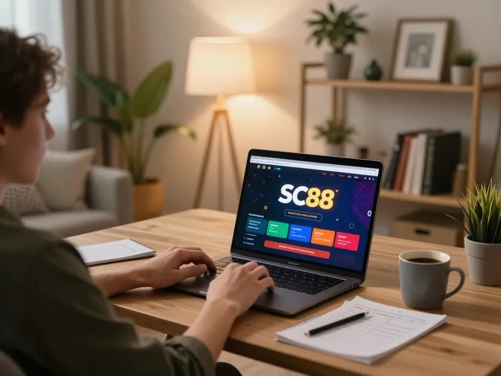 Player engaging with SC88 online casino platform at a cozy home desk with betting strategies