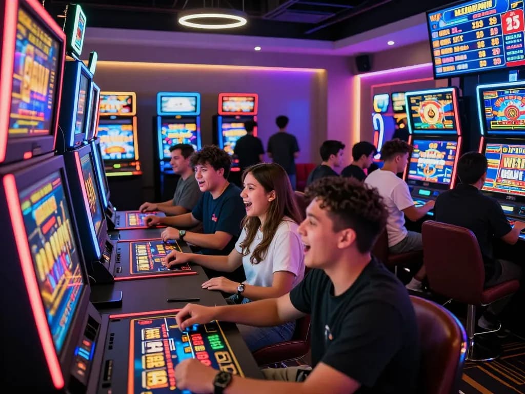 Skaena perjudian online yang mendebarkan dengan pemain menikmati permainan slot gacor, suasana penuh energi dengan layar berwarna-warni dan ekspresi ceria.
