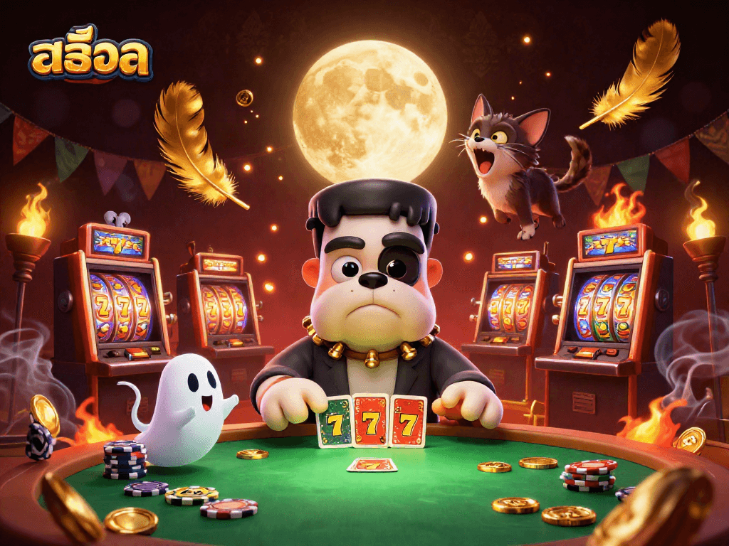 Playing สล็อต slots with a cartoon bulldog dealer, ghost mouse, and werewolf kitten in a vibrant casino.