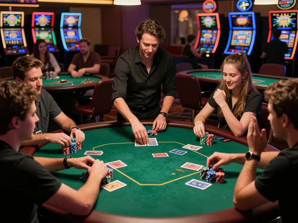 Players enjoying high-stakes poker at J188 casino, featuring engaged dealer and vibrant atmosphere.