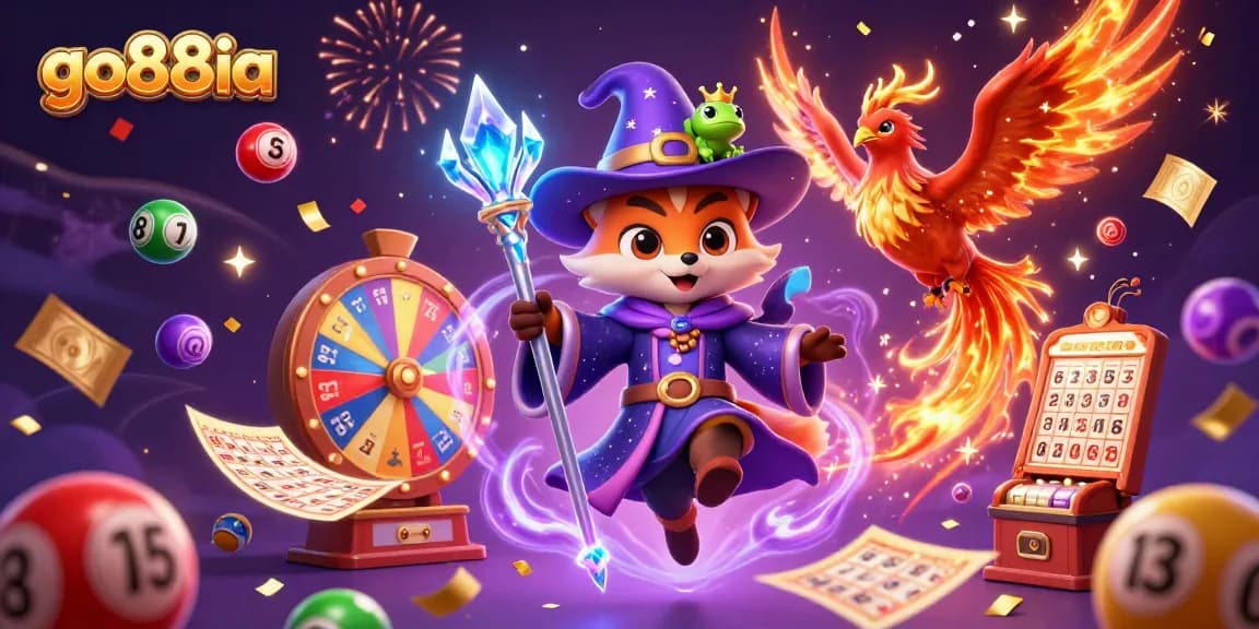 Engaging go88ia forum scene showcases vibrant lottery elements and mystical characters dynamically interacting