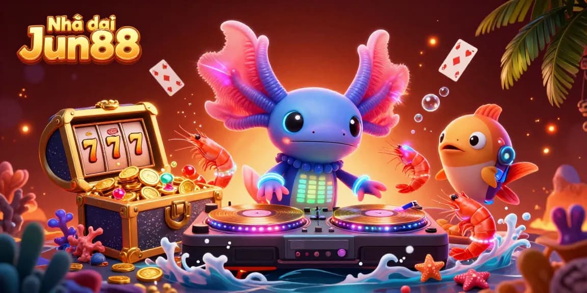 Engage with the vibrant world of Nhà cái Jun88 featuring a neon axolotl DJ, spinning wins at an underwater casino.