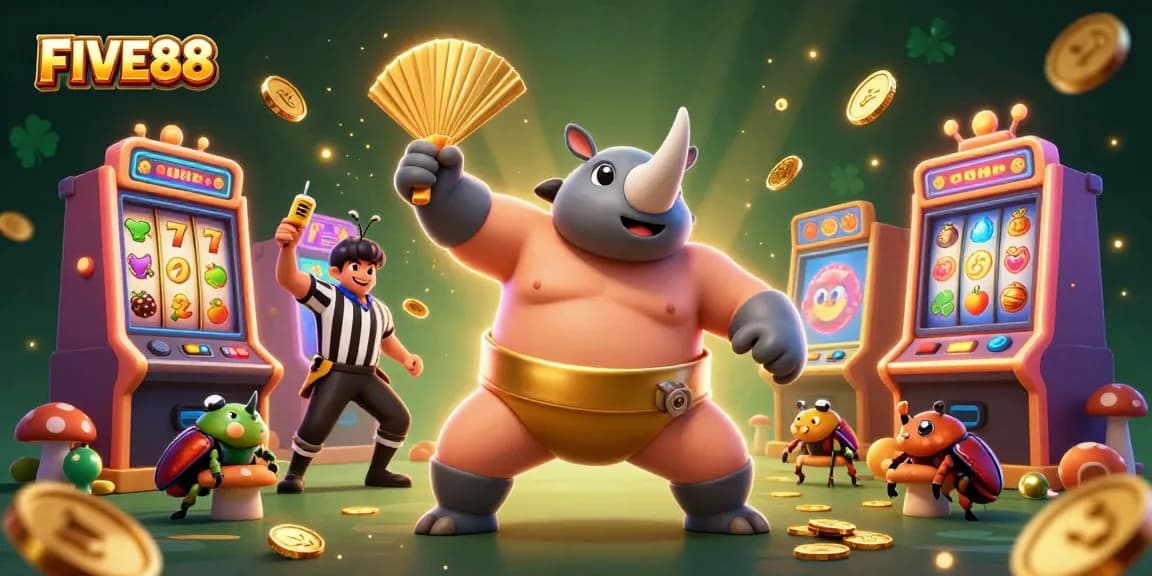 Experience exhilarating wins at FIVE88 casino with lively 3D illustrations of gaming excitement.