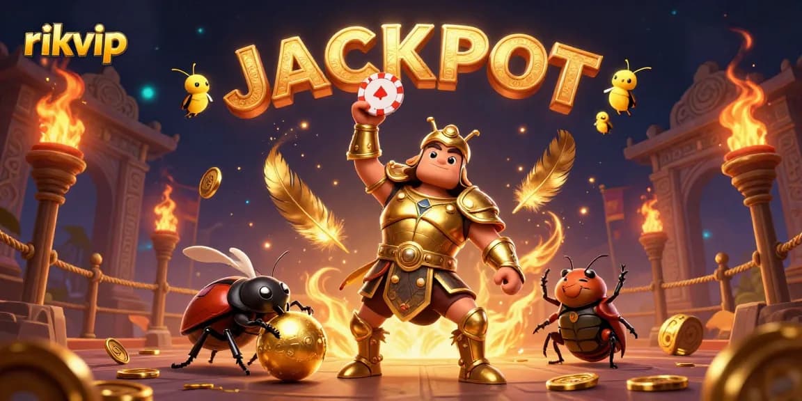 Experience the thrill of rikvip with 3D beetles in a dynamic casino scene featuring jackpot elements.
