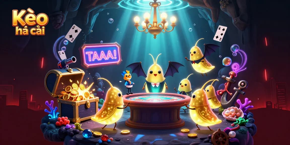 Kèo nhà cái: Vibrant scene showcasing glowworms illuminating a cave casino filled with gold coins and festive casino elements.