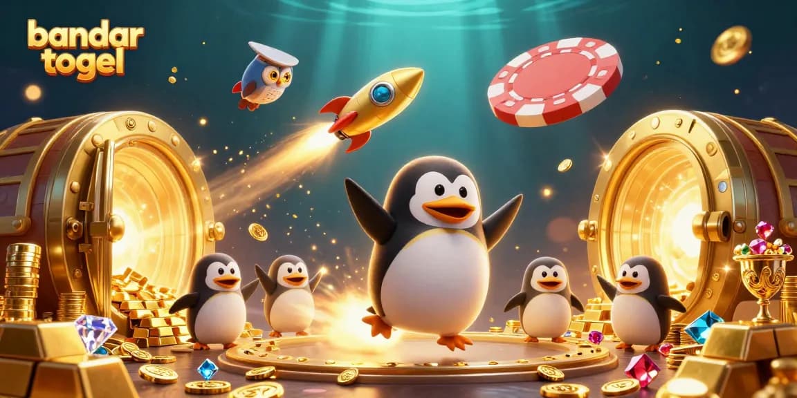Menggambarkan bandar togel yang hebat dengan penguin emas terbang dan harta berkilau di latar belakang