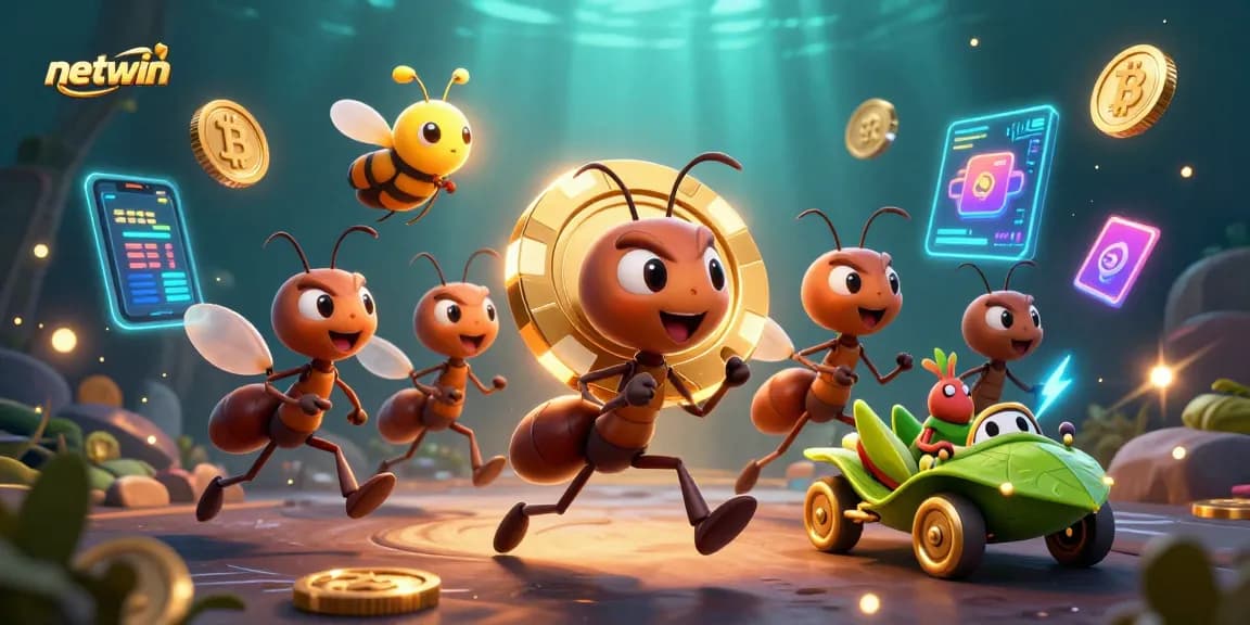 Experience the excitement of netwin with ants stealing a massive poker chip amid vibrant crypto elements.
