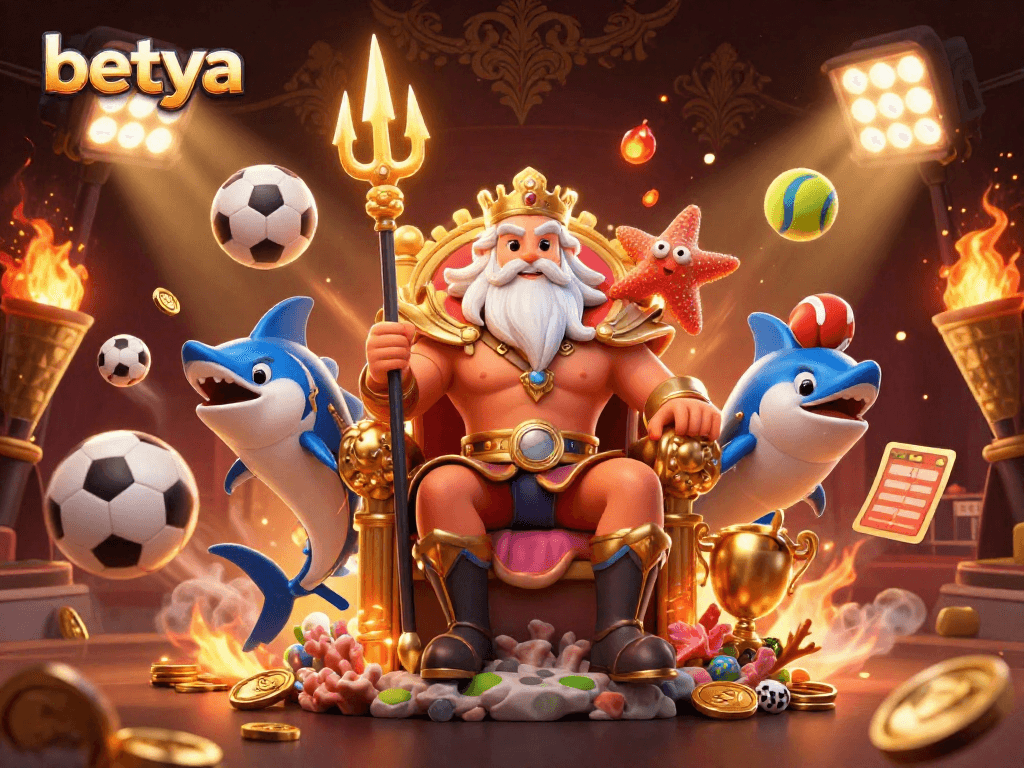 Experience exciting sports betting action with betya's dynamic illustration featuring Neptune and sports elements.