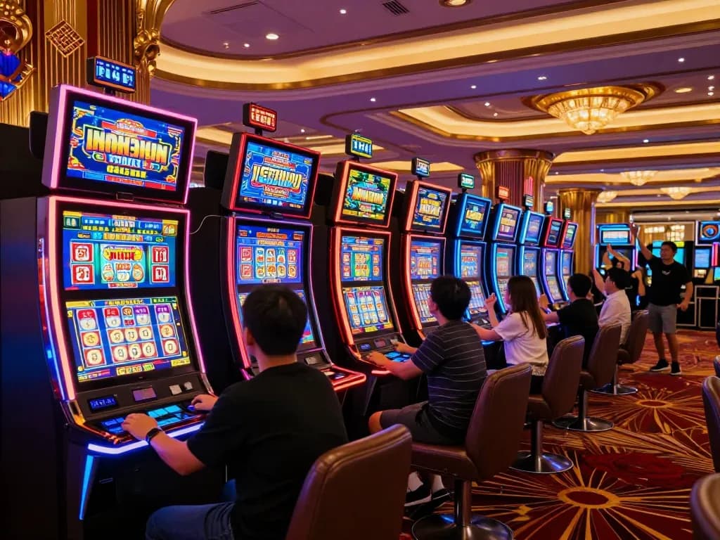 Engaging atmosphere at a situs slot section in a luxury casino with vibrant machines and excited players.