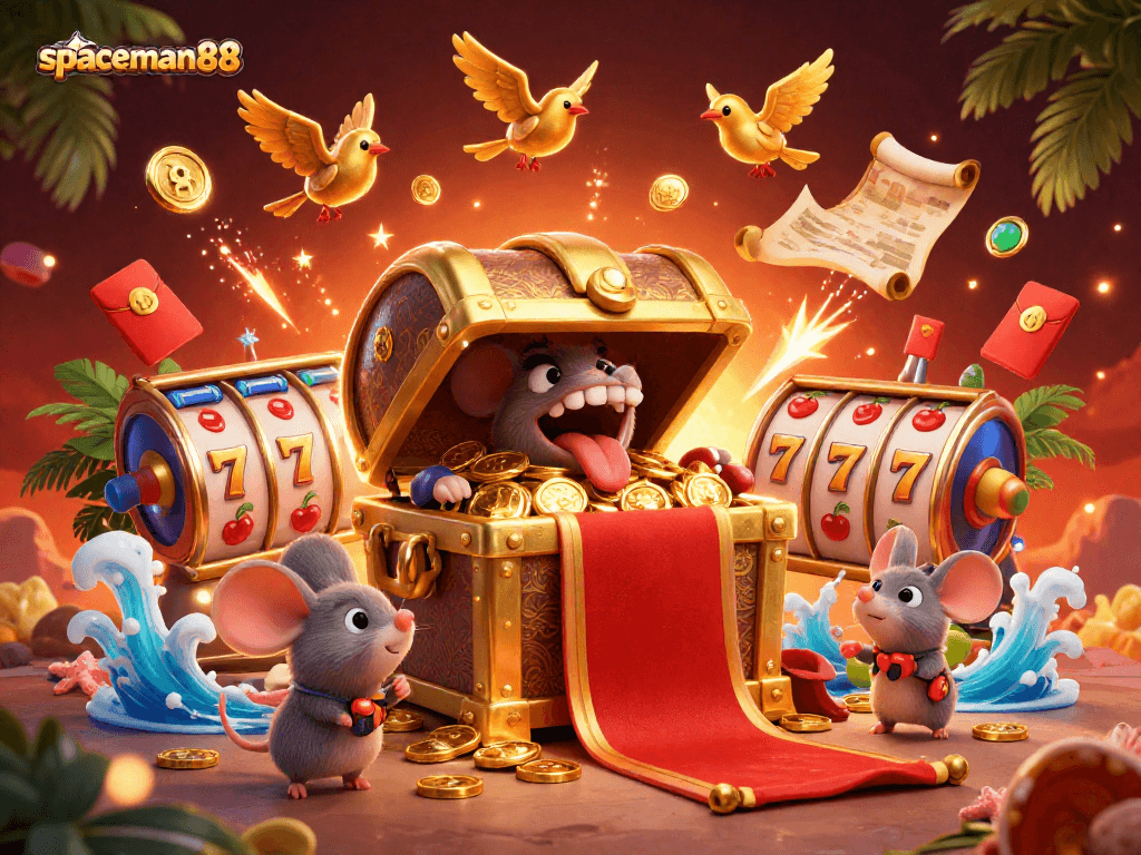 Engaging scene of spaceman88 showcasing a treasure chest and vibrant slot symbols, attracting players.