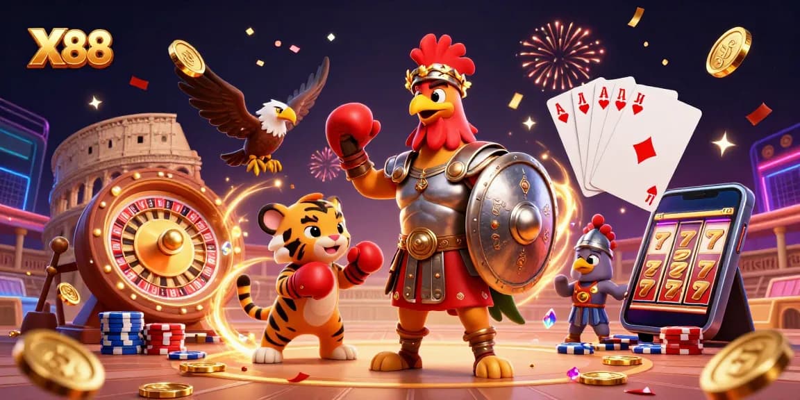 X88 showcases a vibrant 3D scene of gladiator characters amidst spinning roulette wheels and shimmering coins.