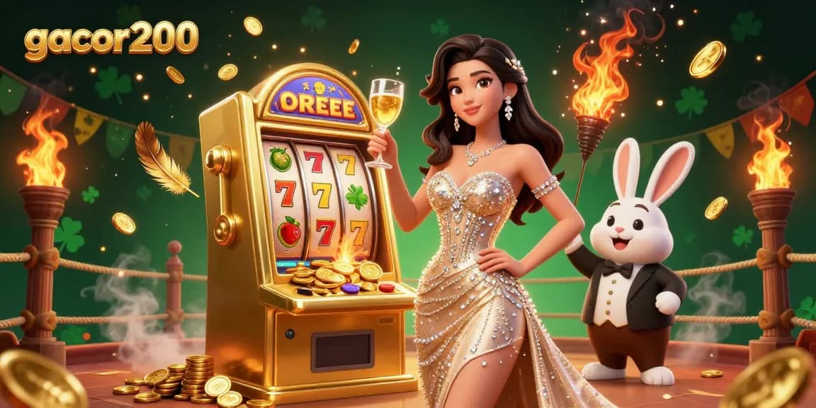 Experience excitement with gacor200's jackpot scene, featuring elegant characters beside a golden slot machine.