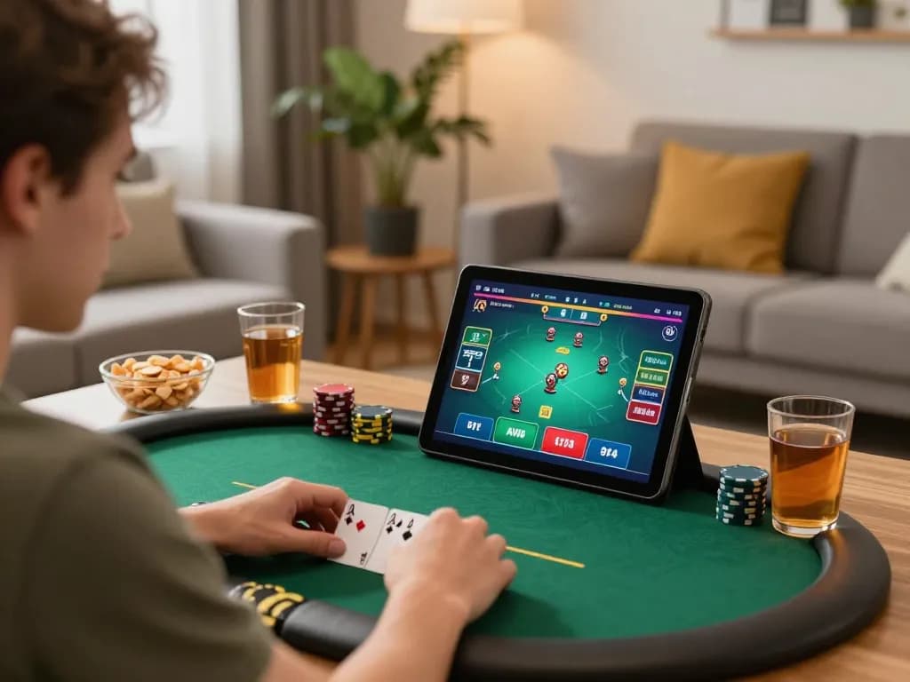 Engaging in an online poker game at home with uu88 on tablet, cozy setting.