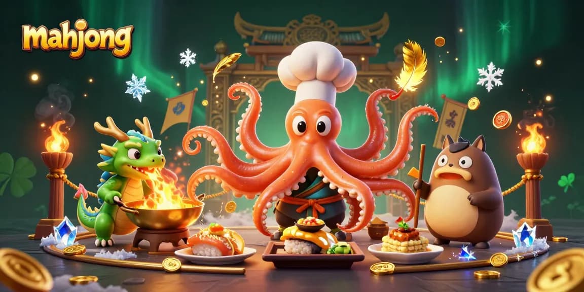 Play mahjong in a vibrant scene with a sushi chef octopus and dragon, surrounded by casino elements.