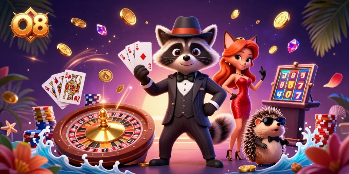 Celebrate big wins at O8 with a raccoon holding a royal flush, surrounded by casino magic!