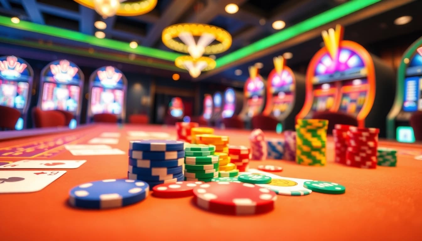 Casinospielen mit bunten Chips und Karten auf einem lebendigen Spieltisch.