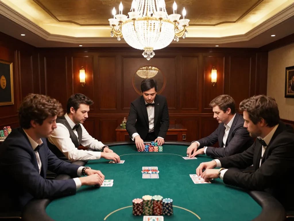 Experience intense gameplay at Gameradar's high-stakes poker table, where strategy unfolds under elegant chandeliers.