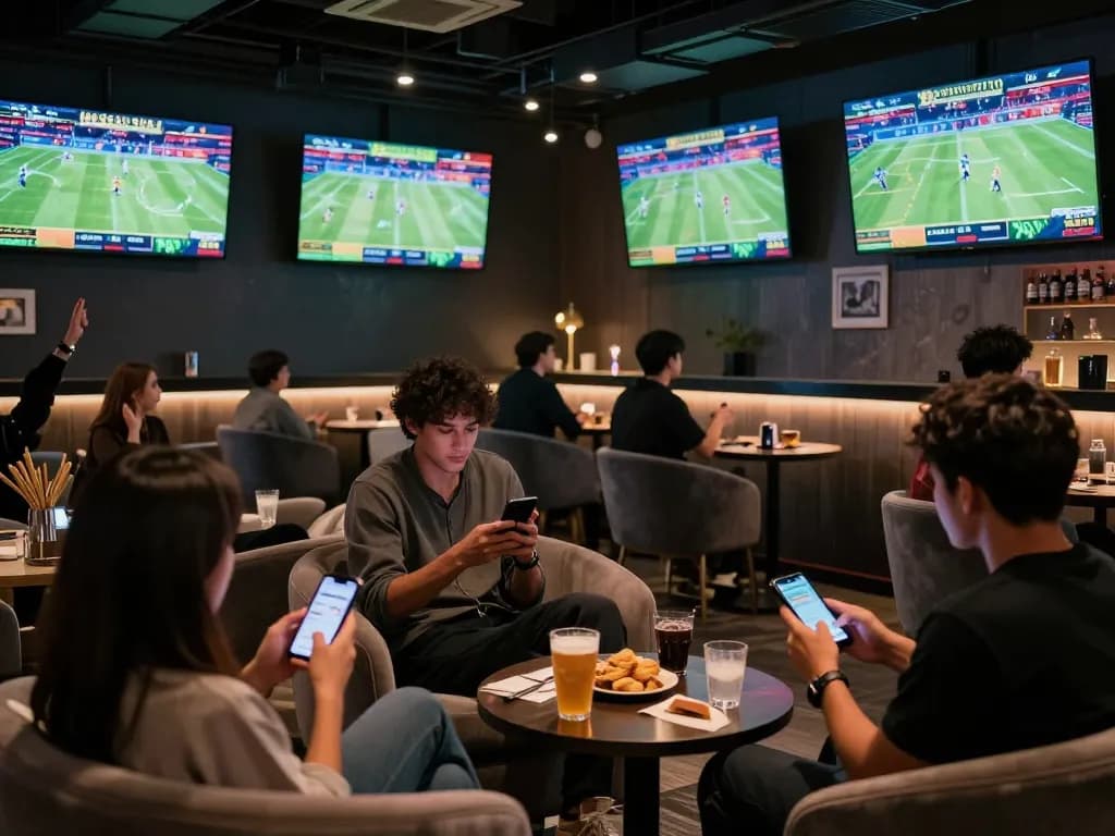 W69 bettors cheering for live sports while placing bets at a modern lounge.