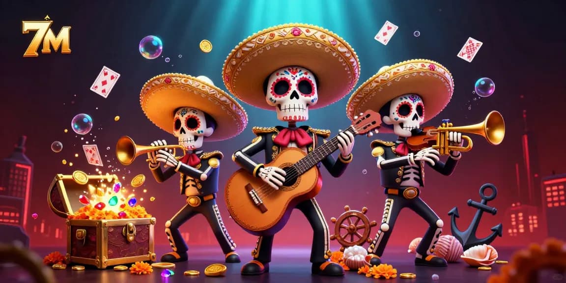 Experience the excitement of 7 M with a mariachi band celebrating casino wins amidst treasure and games.