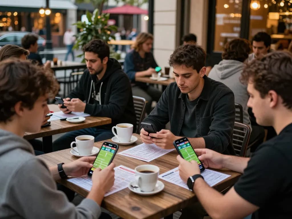 Leci123 sports enthusiasts engaging in mobile betting at a café, showcasing active gambling moments.