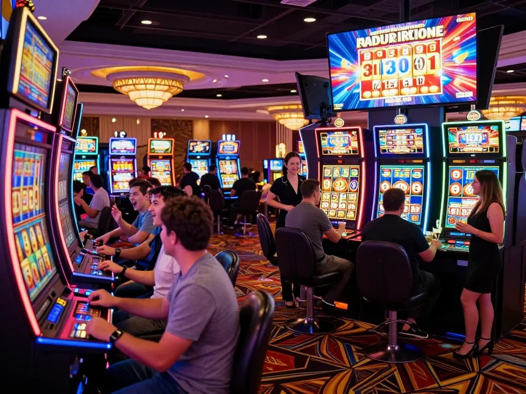 Exciting link slot gaming scene at a bustling casino with players celebrating wins.
