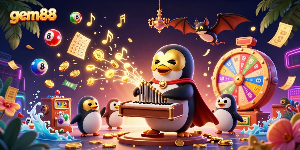 gem88 gaming scene with vibrant lottery elements and a penguin playing organ