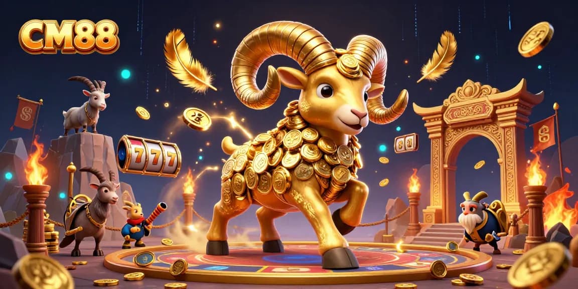 Experience excitement with CM88's vibrant casino scene featuring a golden ram charging through slot reels.