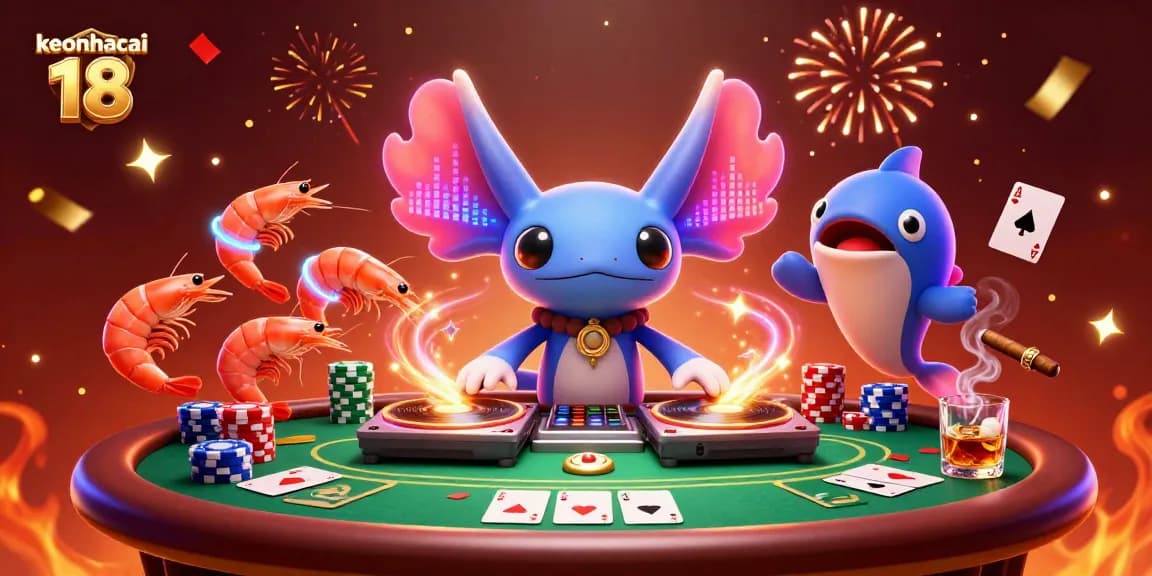 Experience keonhacai 18 action with vibrant axolotl DJ and poker game elements in this lively scene.