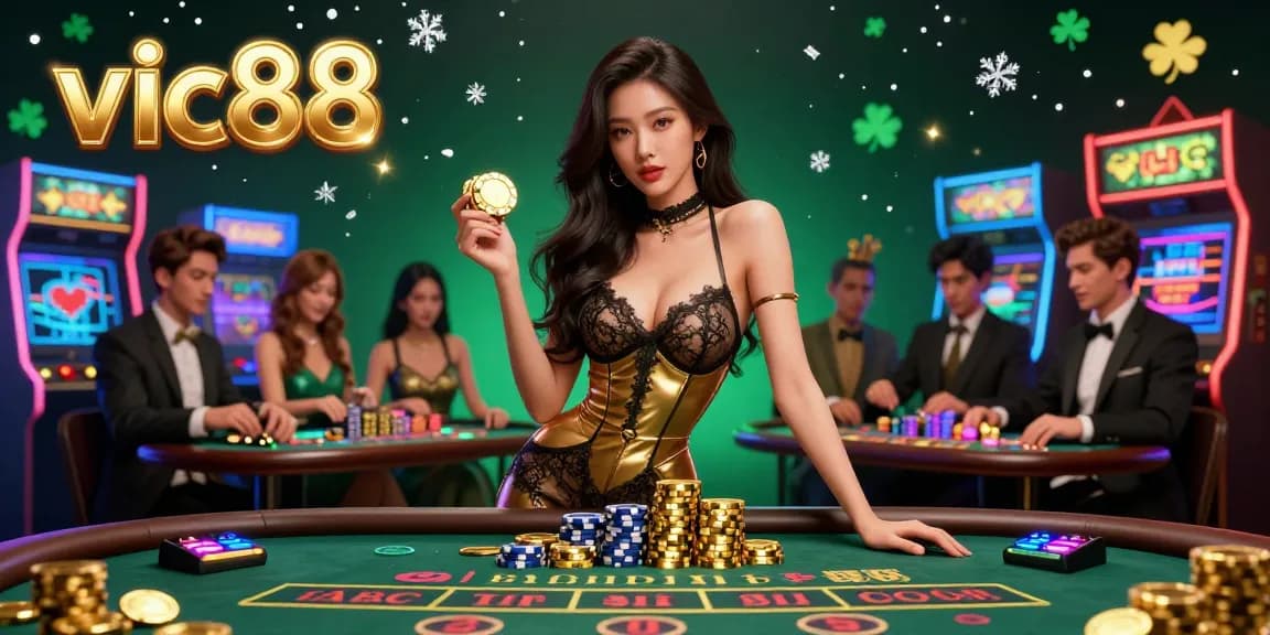 Experience high-stakes action at vic88 with a glamorous casino scene featuring baccarat and vibrant arcade machines.