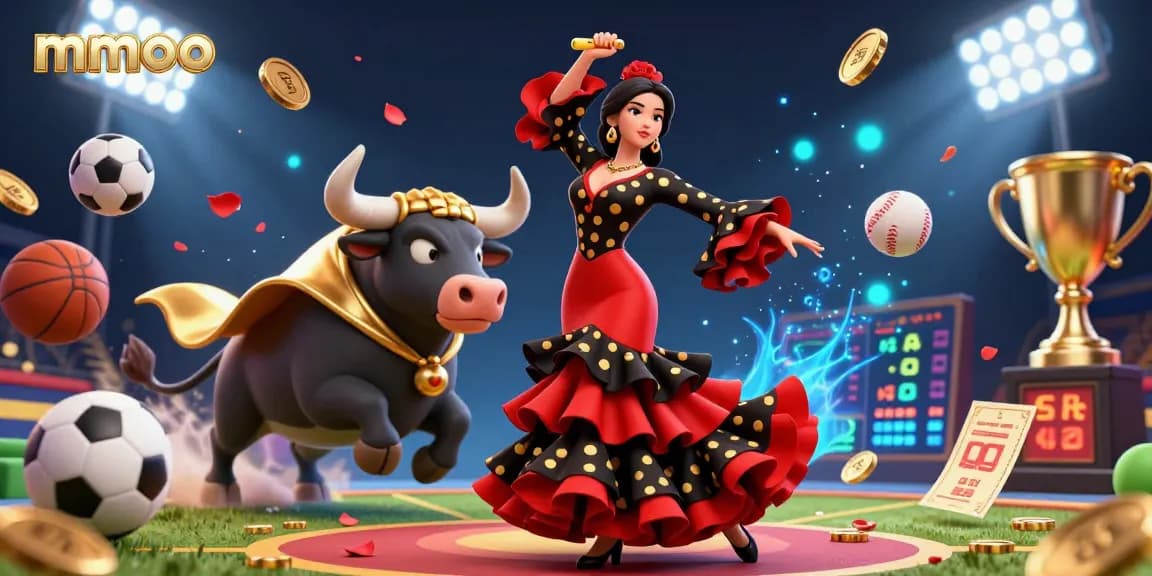 Experience thrilling sports betting action with mmoo, featuring a flamenco dancer and bull amidst dynamic elements.