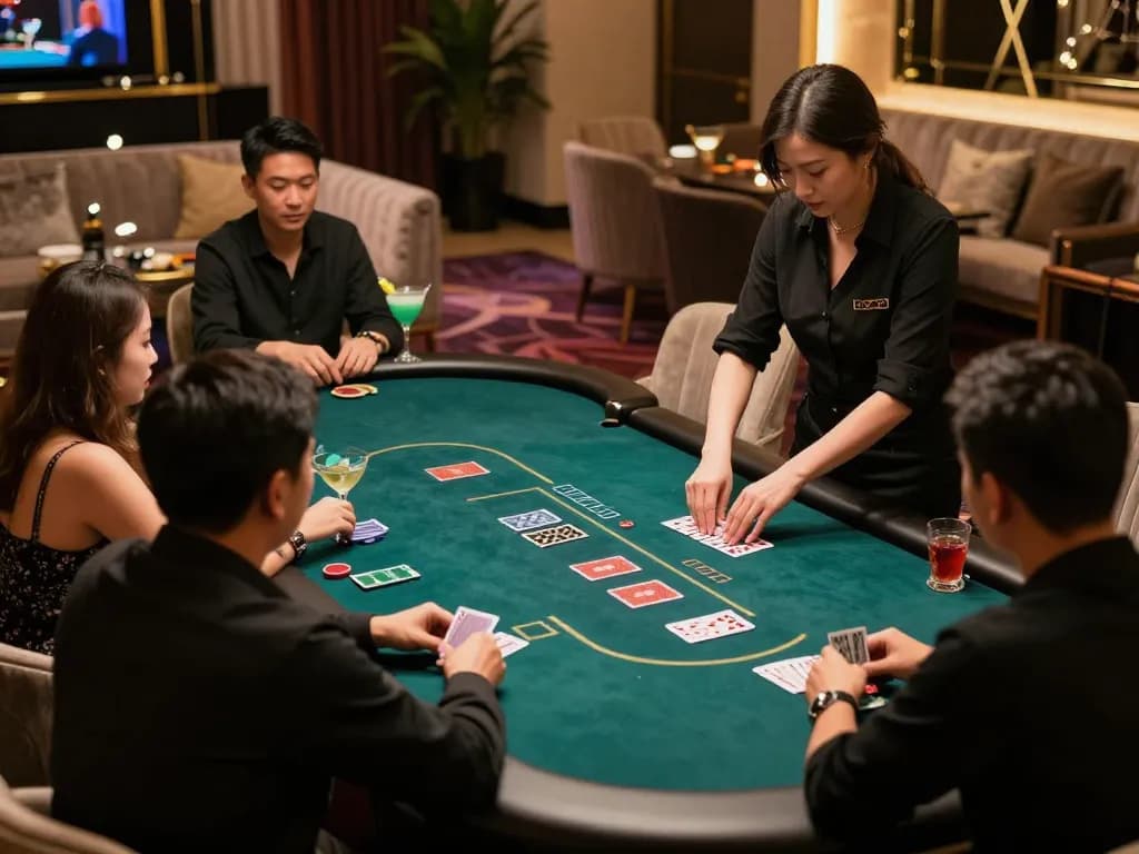 Engaging scene of ดูหนัง with players at a VIP poker table, highlighting strategic gameplay and luxurious atmosphere