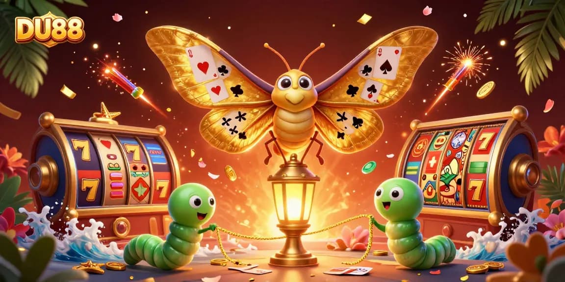 Experience DU88 with vibrant slot reels and golden characters in a dynamic casino scene.