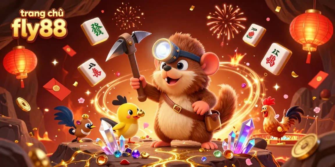 Engage with the vibrant world of trang chủ fly88 through a dynamic, 3D illustration showcasing casino treasures and festive gaming elements.