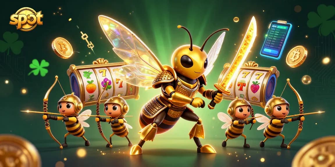 Experience exciting slot wins with vibrant golden hornet and bee archers amidst digital elements.