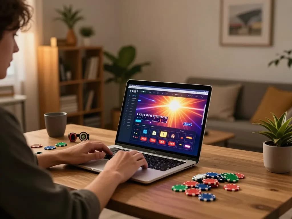 Enjoying online gaming with sun win interface on a laptop at a stylish home workspace.