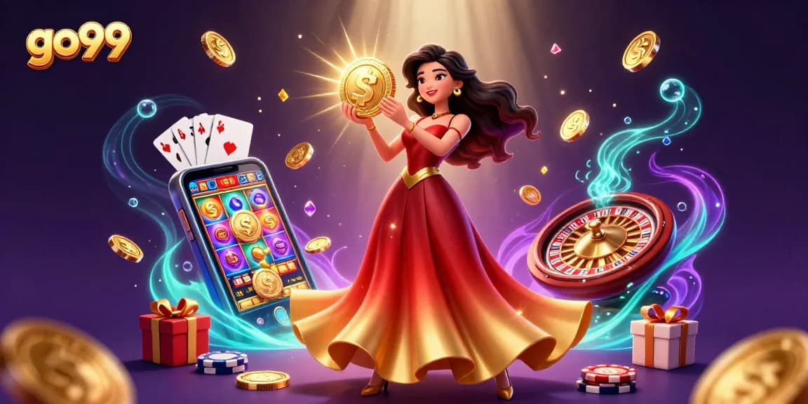 Experience excitement with go99, showcasing a stunning Asian woman holding a golden coin amidst a whirlwind of casino elements.