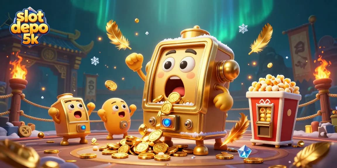 Slot depo 5k menampilkan mesin slot emas mengguncang jackpot dengan koin berhamburan.