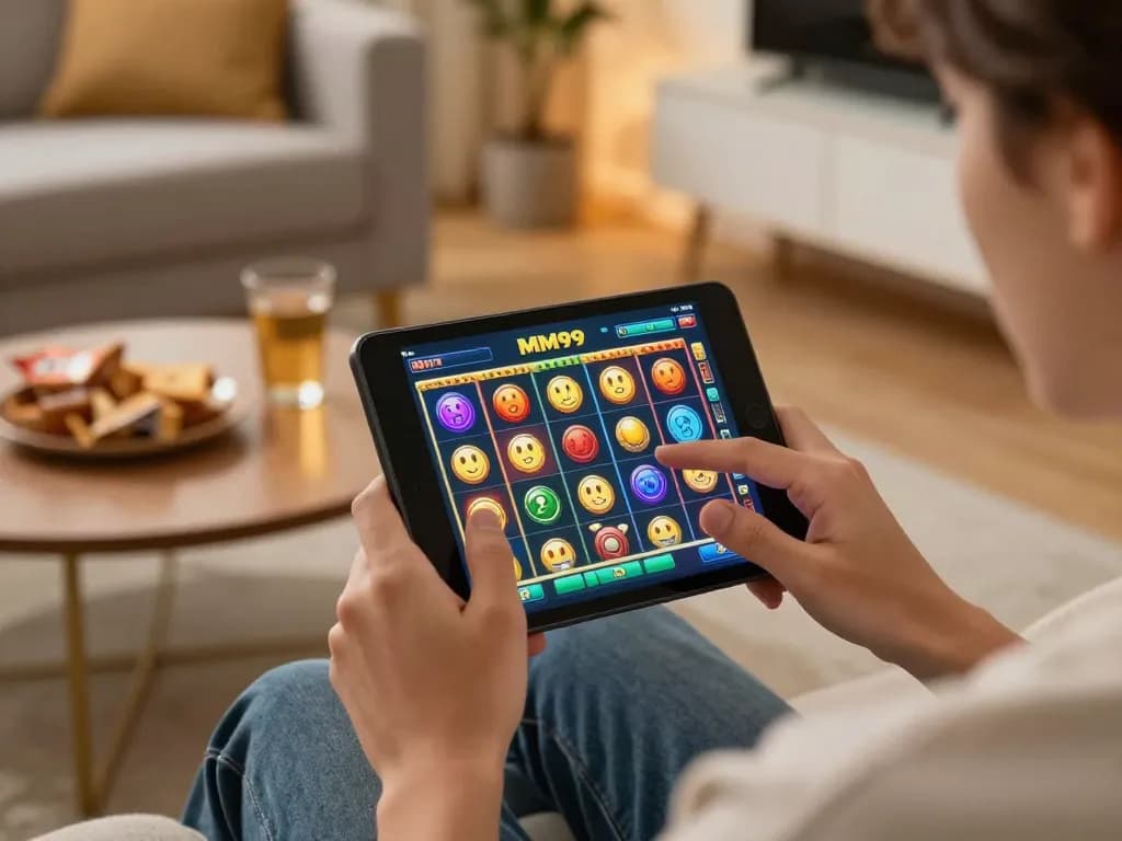 Play MM99 Slot with excitement on a mobile device in a cozy gaming setting.