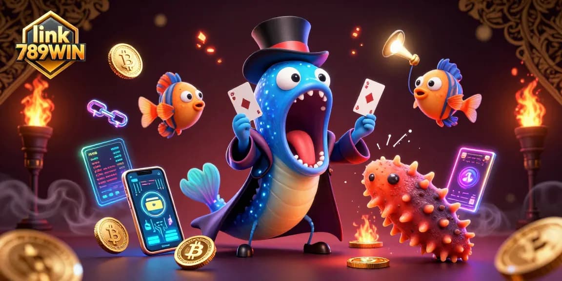 Engage in thrilling action with link 789WIN at an animated casino scene featuring clever characters and vibrant game elements.