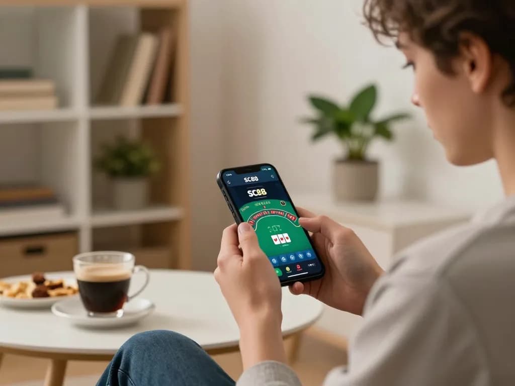 Player enjoying the SC88 app for live blackjack in a cozy home setting.