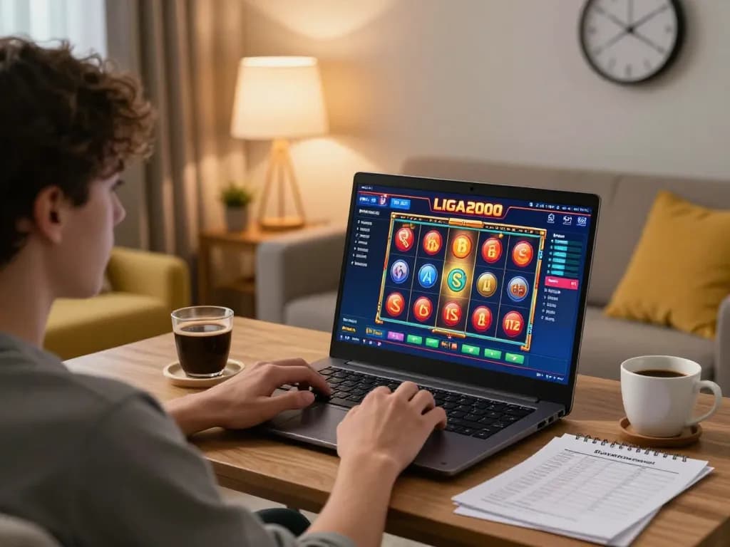 Player enjoying LIGA2000 online slots in a cozy home setting, highlighting engaging gaming interface.