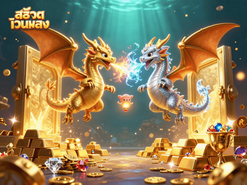 Experience thrilling action with สล็อตเว็บตรง in this vibrant, dynamic casino scene featuring mythical dragons.