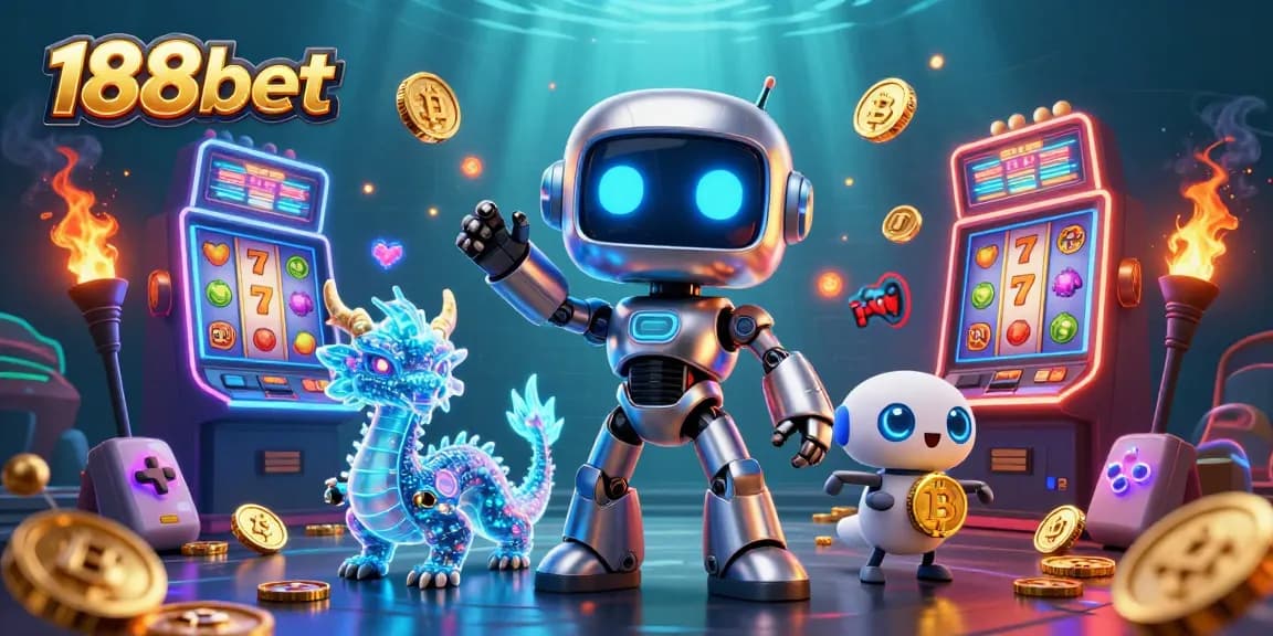 Engage with 188bet's vibrant casino atmosphere featuring a cyberpunk robot and a bitcoin drone.