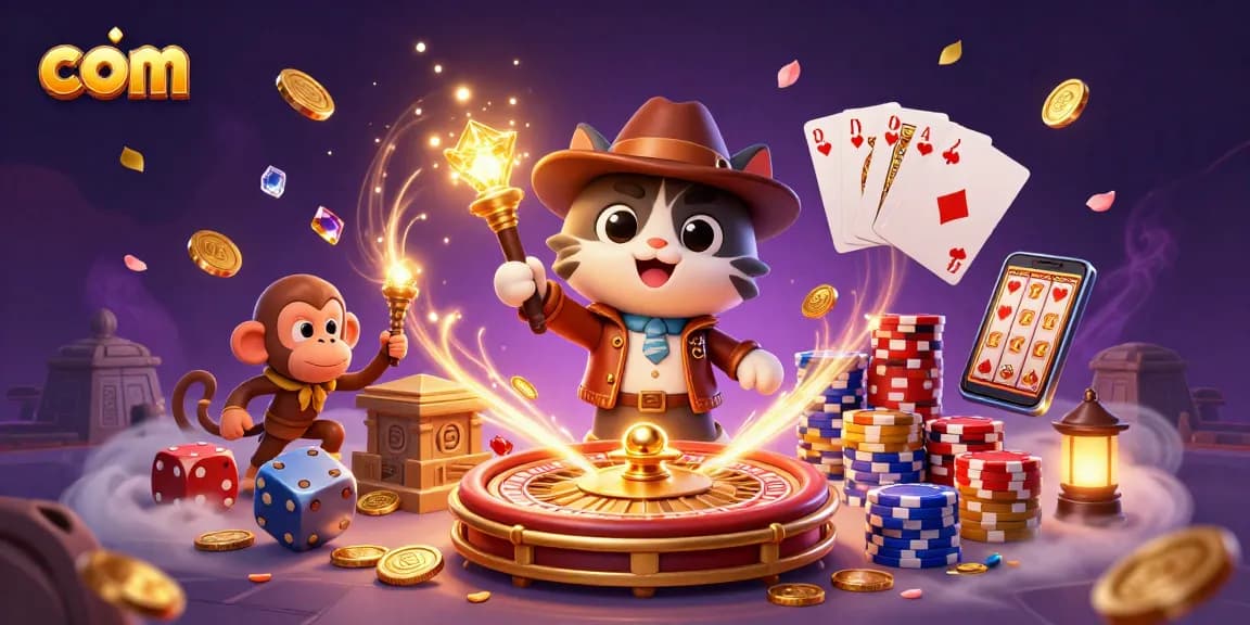 Spin and win with com at the enchanting casino illustrated by a treasure-hunting cat
