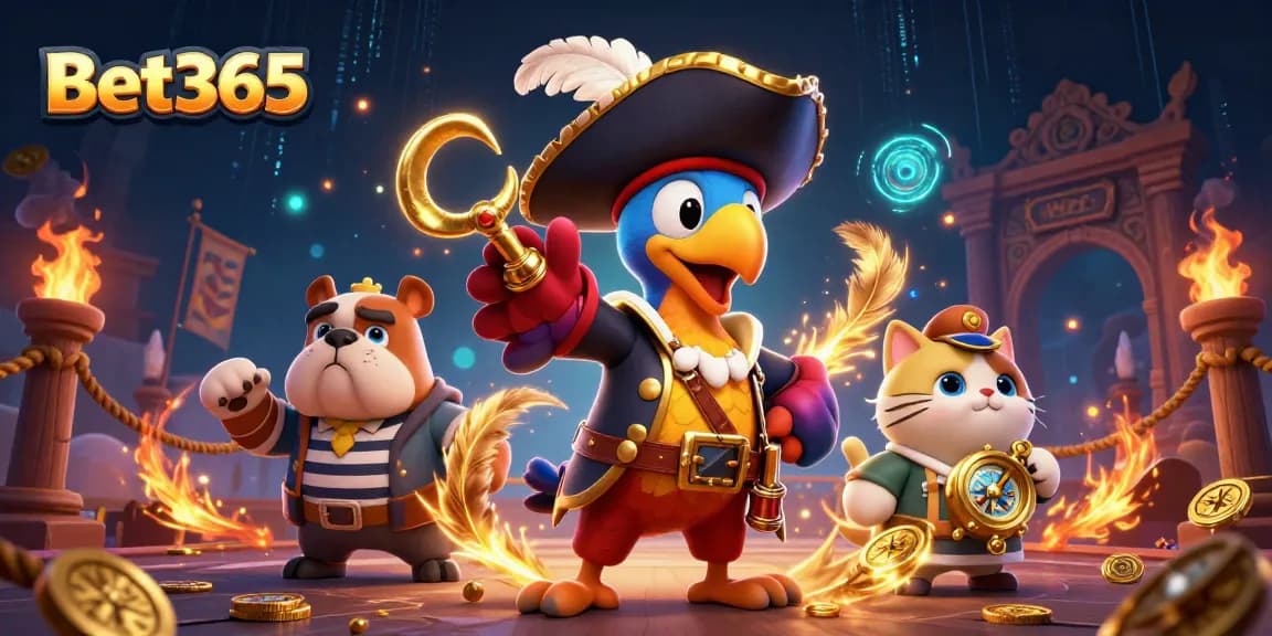 Experience thrilling bets at Bet365 with a lively pirate-themed casino scene filled with action.