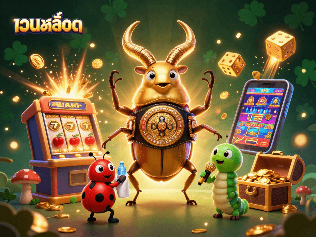 Win big with เว็บสล็อต as the golden stag beetle faces off in a vibrant casino scene.