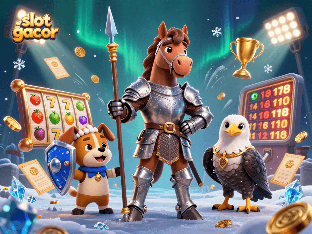 Engage with slot gacor and win as a knight battles for glory amidst dynamic slot reels and casino treasures.