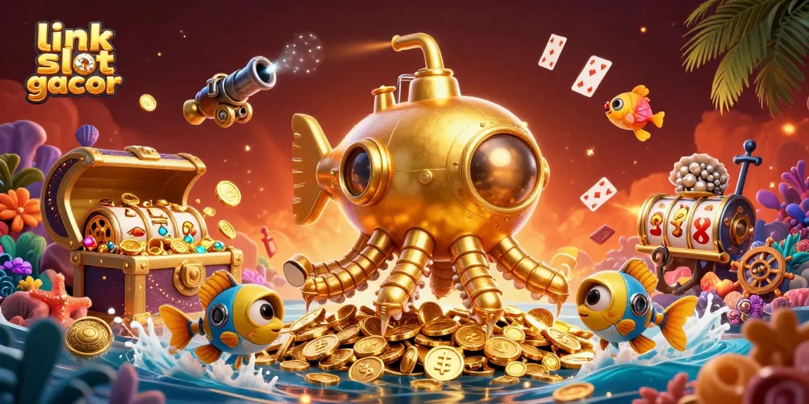 Mainkan slot gacor dengan gembira dalam ilustrasi 3D bertema kasino, dipenuhi koin emas dan elemen menarik.