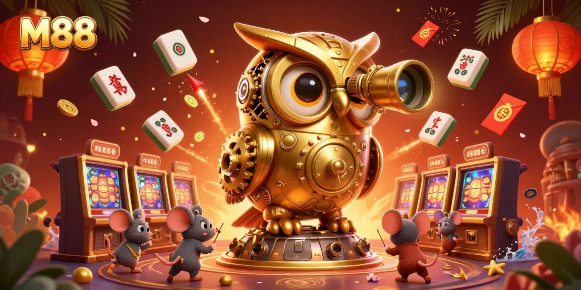 M88 offers a vibrant casino experience with animated characters engaging amidst dynamic gaming elements.