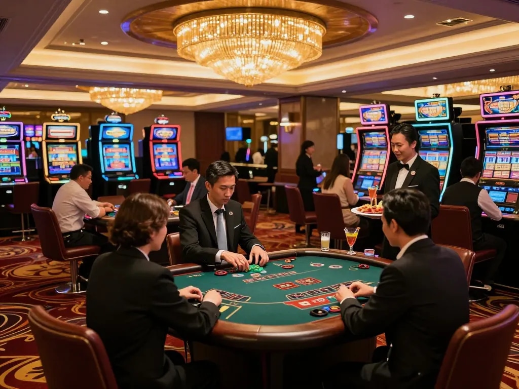 Exciting casino hong kong gaming floor with players at blackjack and slot machines.